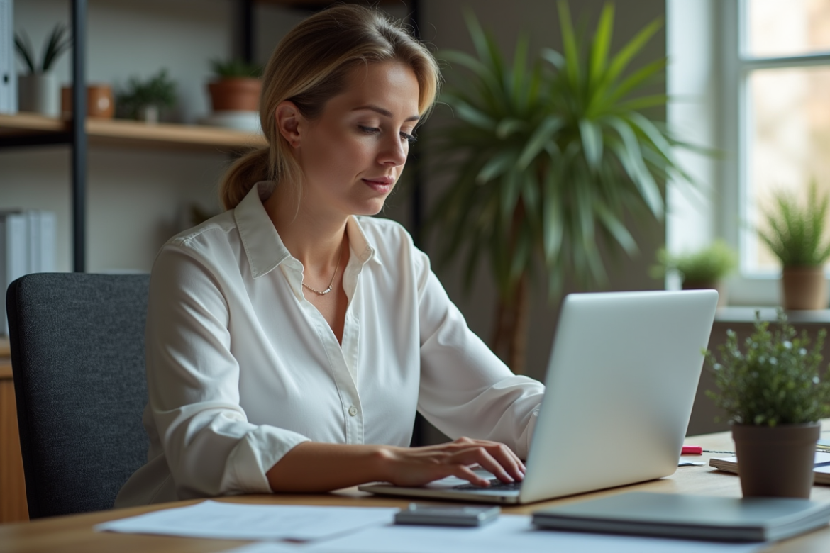Femme d'âge moyen travaillant sur son ordinateur à domicile