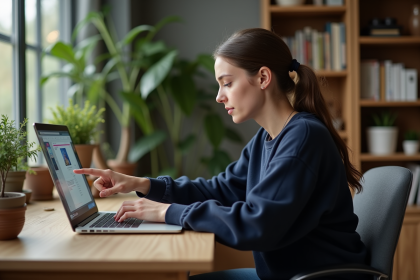 Jeune femme au bureau à domicile examinant son ordinateur
