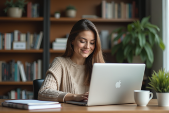 Jeune femme au bureau à domicile souriante devant son ordinateur