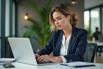 Femme professionnelle au bureau avec ordinateur et smartphone