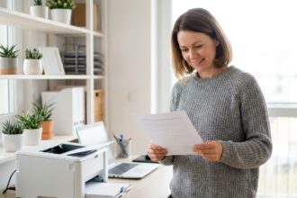 Femme travaillant à domicile consultant un document imprimé par une imprimante laser posée sur un bureau home office moderne