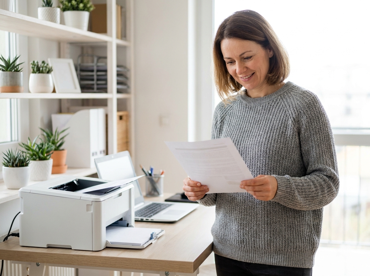Femme travaillant à domicile consultant un document imprimé par une imprimante laser posée sur un bureau home office moderne