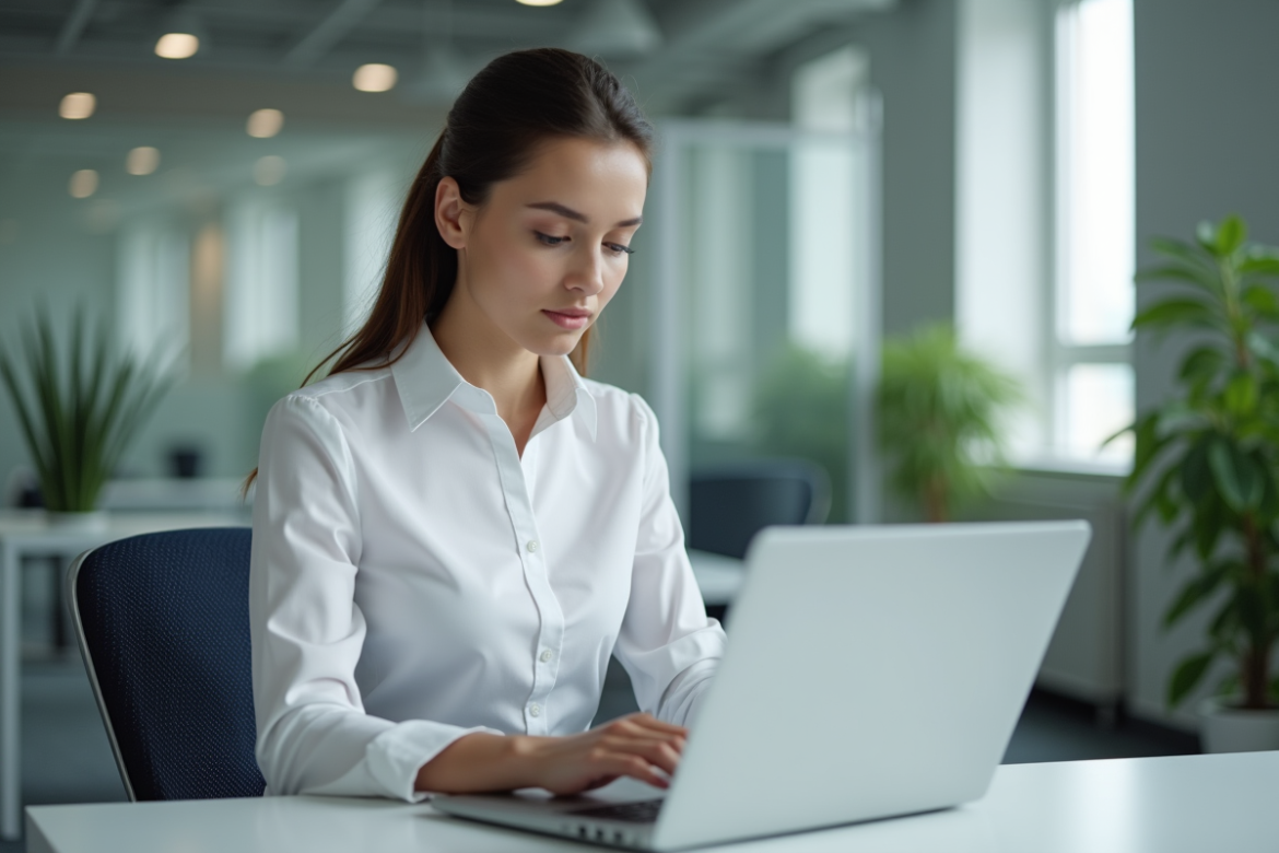 Jeune femme professionnelle travaillant sur son ordinateur en bureau