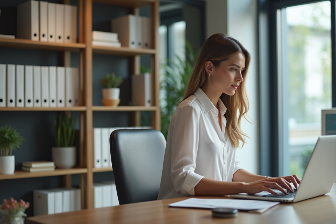Femme professionnelle travaillant sur un ordinateur dans un bureau moderne