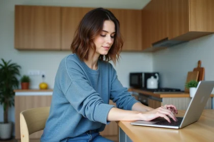 Femme travaillant sur un ordinateur dans une cuisine moderne