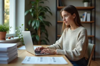 Jeune femme au bureau avec documents et ordinateur
