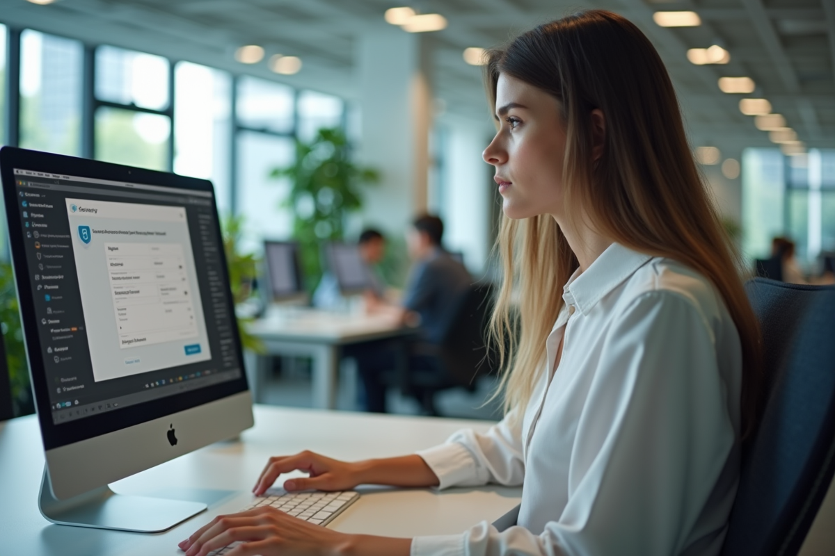 Femme utilisant un ordinateur dans un bureau moderne