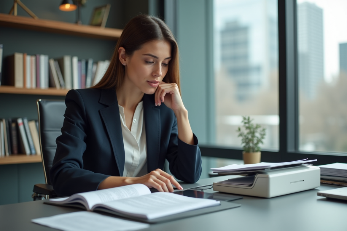 Jeune femme de bureau scannant des documents avec un scanner compact