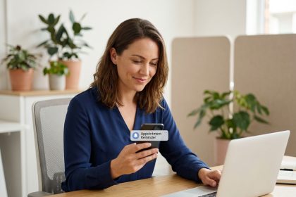 Femme souriante recevant un rappel professionnel sur son smartphone