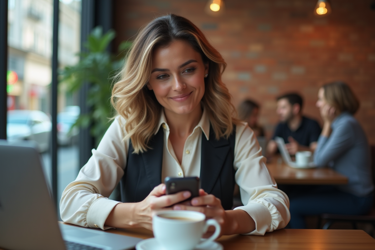 Femme d affaires tapant un code sur son smartphone dans un café
