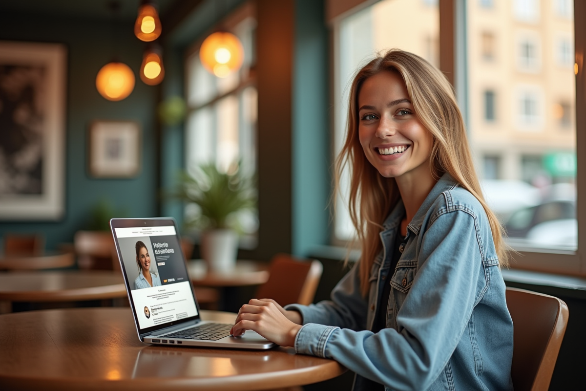 Jeune femme travaillant dans un café avec des avis positifs à l