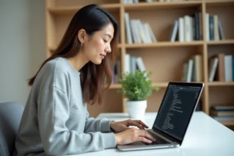 Femme utilisant un calculateur de signes sur son ordinateur portable dans un bureau à domicile