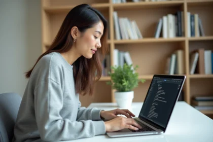 Femme utilisant un calculateur de signes sur son ordinateur portable dans un bureau à domicile