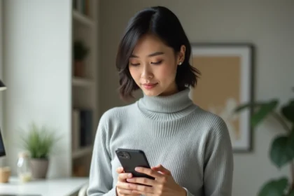 Femme tenant un iPhone récent dans les mains pour choisir le meilleur modèle à acheter en 2026