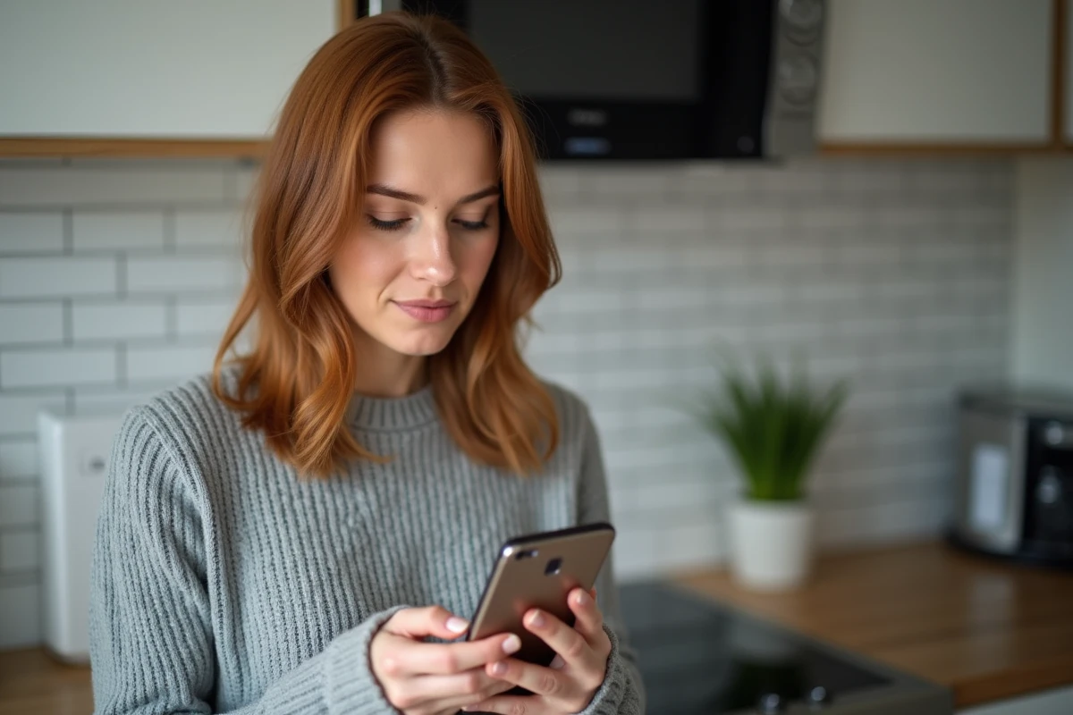 Femme lisant la clé de sécurité réseau sur son smartphone Android Samsung dans une cuisine moderne