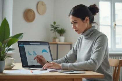 Femme comparant les formules de prix de ChatGPT 5 sur un ordinateur portable dans un bureau à domicile moderne