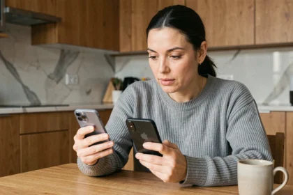 Femme comparant deux smartphones reconditionnés sur une table en bois dans une cuisine moderne