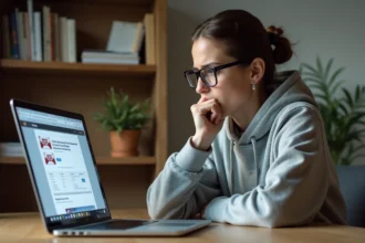 Femme sceptique devant un ordinateur portable analysant un faux site web pour identifier les arnaques en ligne en 2026