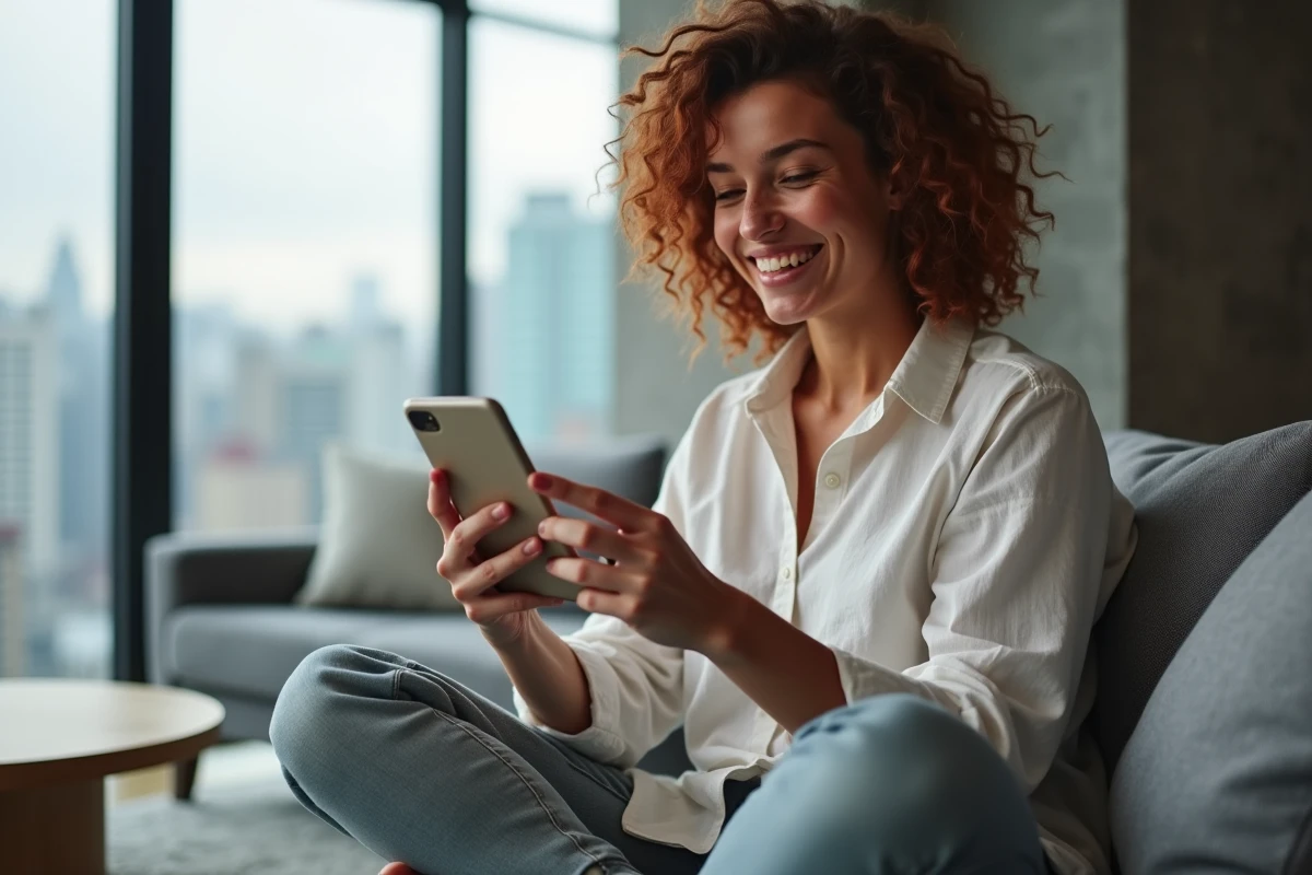 Femme amusée regardant une animation Easter egg sur son smartphone dans un appartement moderne
