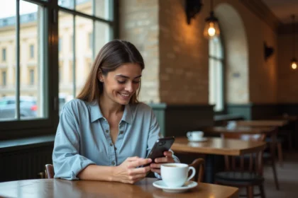 Femme consultant ses emails Versailles sur smartphone dans un café parisien