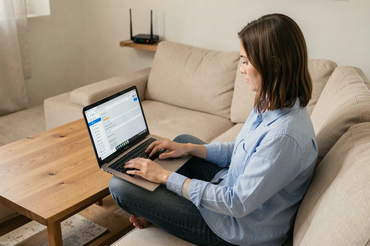 Femme utilisant un filtre DNS sur son ordinateur portable pour supprimer les publicités sur son réseau Wi-Fi domestique