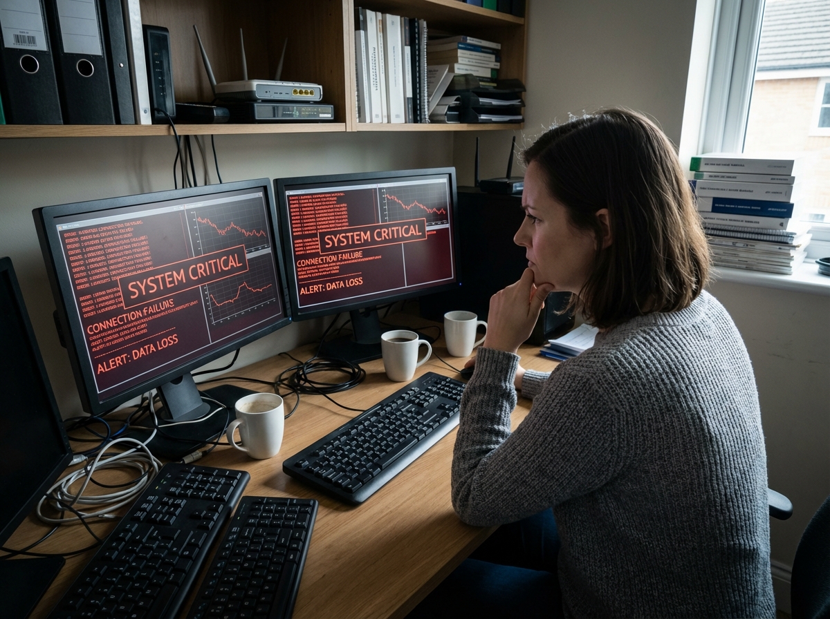 Femme informaticienne concentrée devant ses écrans en environnement de travail