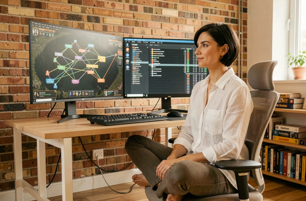 Femme joueuse analysant une stratégie de jeu PC avec intelligence artificielle sur double écran
