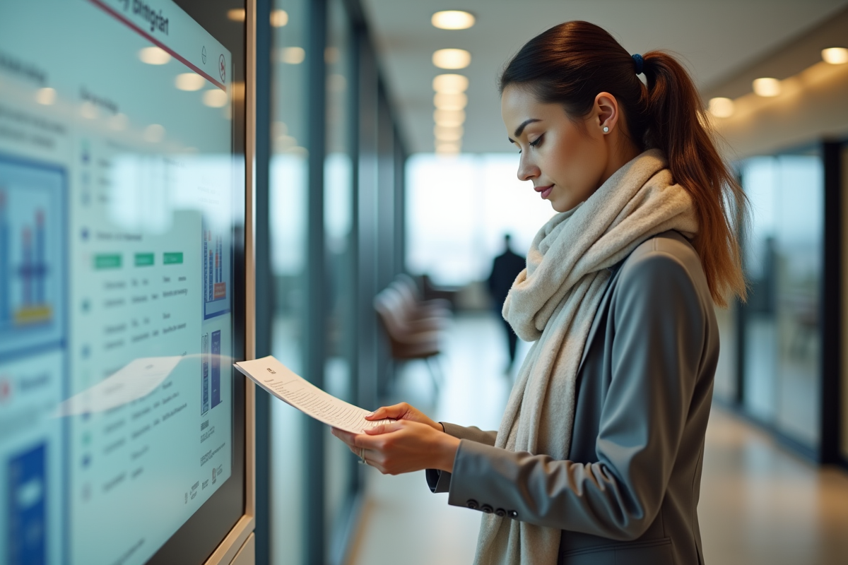 Femme d affaires regardant un document dans un bureau public
