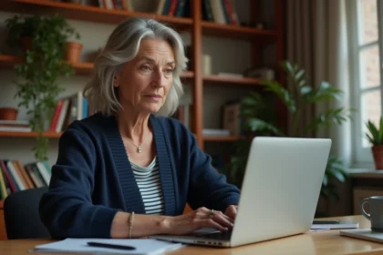 Femme consultant sa messagerie laposte.net sur un ordinateur portable dans un bureau à domicile