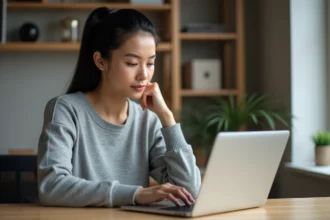 Femme utilisant un navigateur web sur un ordinateur portable dans un bureau à domicile moderne