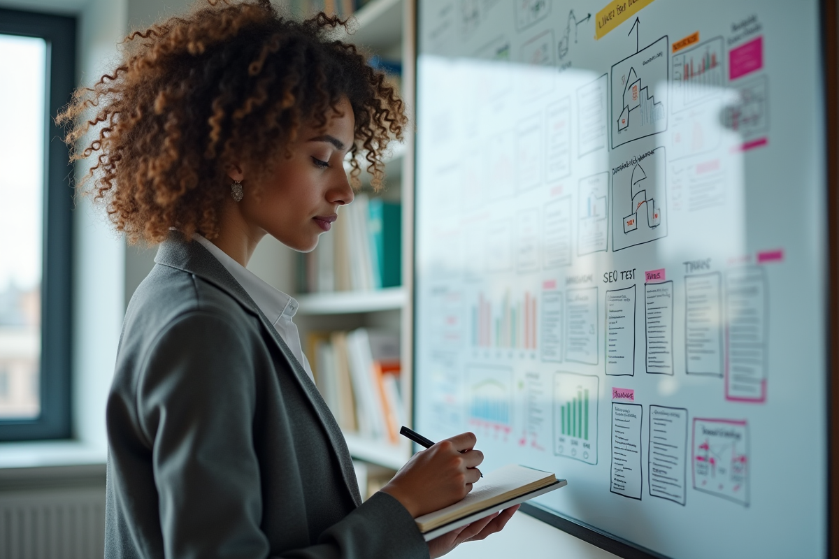 Femme prenant des notes devant un tableau blanc SEO en réunion