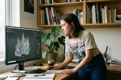Jeune femme regardant un écran avec modèle 3D Blender