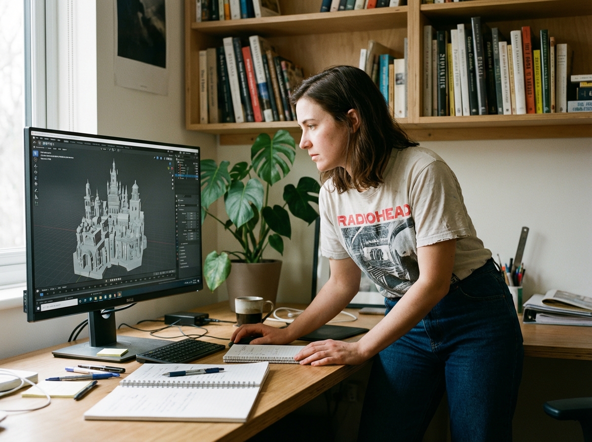 Jeune femme regardant un écran avec modèle 3D Blender