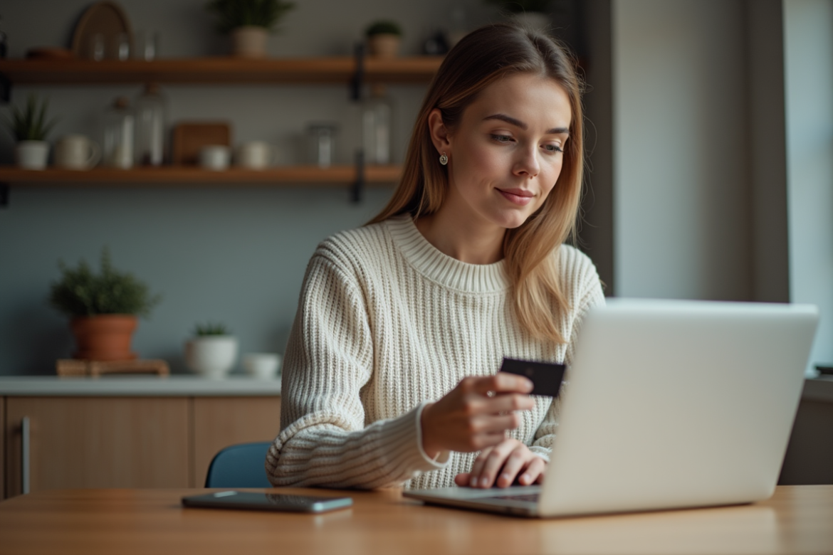 Jeune femme examine sa carte bancaire à la maison