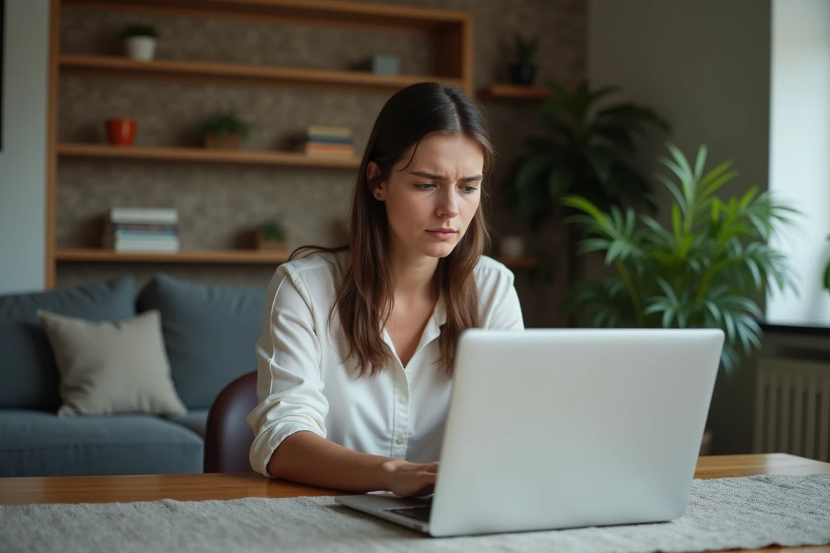 Jeune femme frustrée cherchant une solution Valorant sur son laptop
