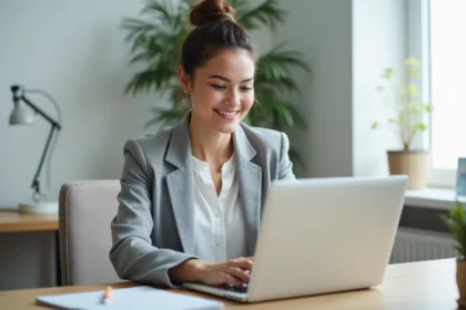Femme professionnelle organisant sa boîte mail sur un ordinateur portable dans un bureau à domicile moderne et épuré