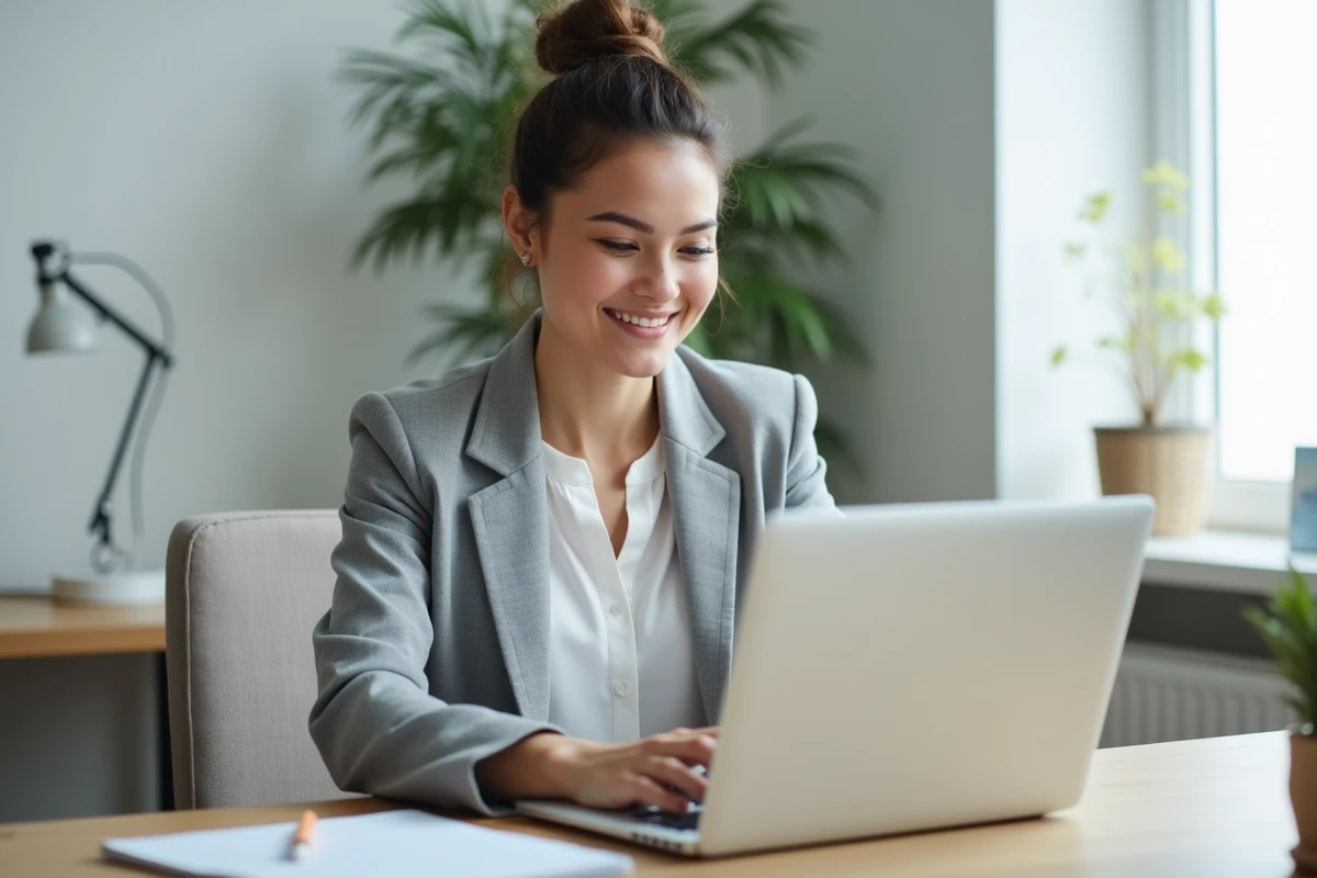 Femme professionnelle organisant sa boîte mail sur un ordinateur portable dans un bureau à domicile moderne et épuré