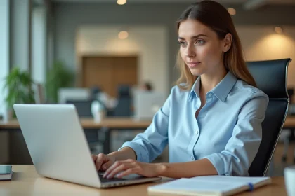Femme professionnelle organisant ses dossiers email au bureau