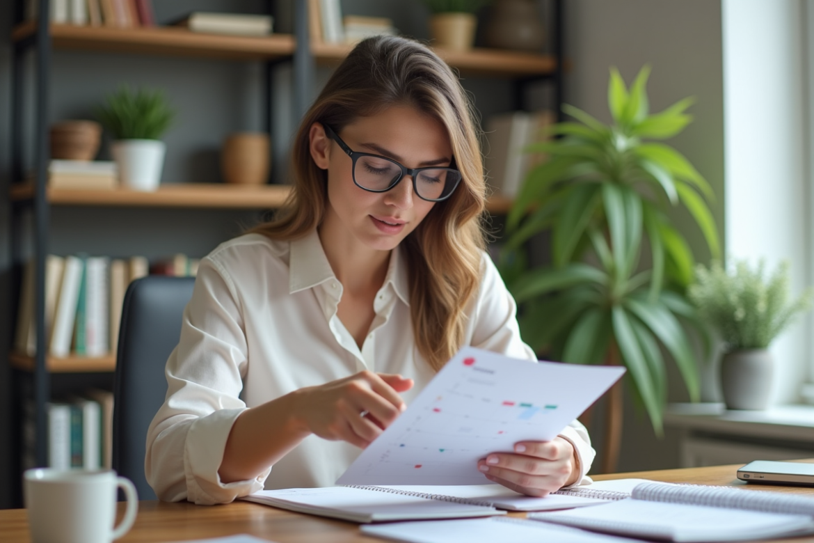Jeune femme organisée avec calendriers colorés dans un bureau lumineux