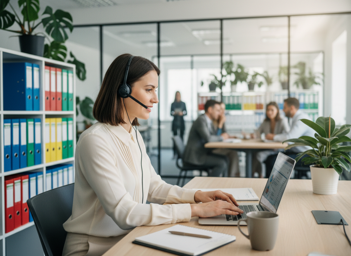 Femme professionnelle au bureau avec casque et ordinateur