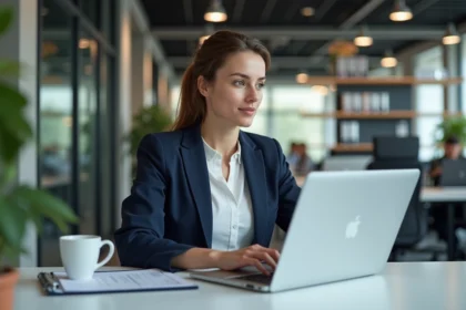 Femme en blazer navy travaillant sur un ordinateur dans un bureau organisé