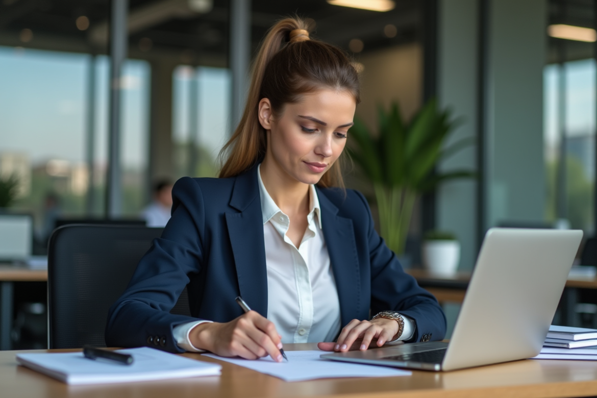 Femme en costume navy appliquant un sceau numérique sur un PDF