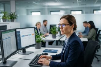 Femme professionnelle travaillant sur des solutions informatiques en entreprise avec double écran et logiciels de gestion