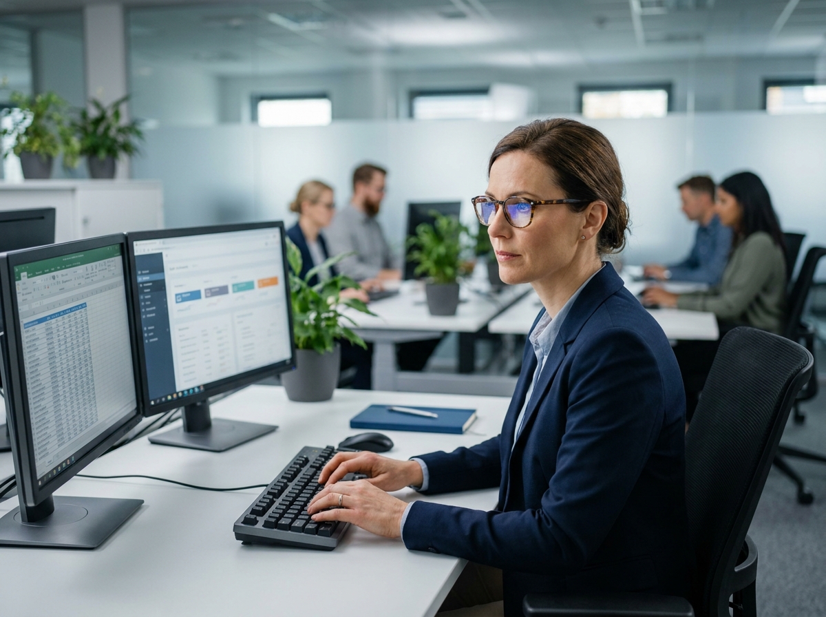 Femme professionnelle travaillant sur des solutions informatiques en entreprise avec double écran et logiciels de gestion