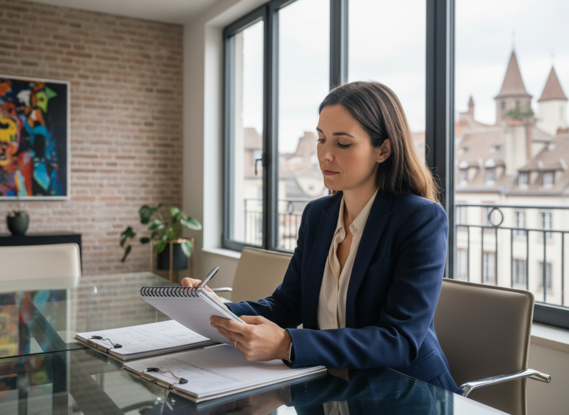 Femme professionnelle en blazer dans un bureau strasbourgeois
