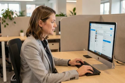 Femme utilisant le logiciel de messagerie Mélanie web sur un ordinateur de bureau dans un bureau moderne, configurant les réglages de son client mail