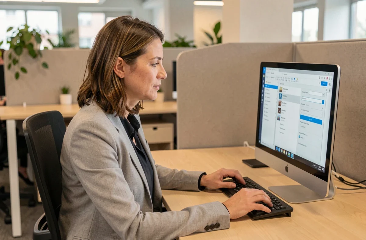Femme utilisant le logiciel de messagerie Mélanie web sur un ordinateur de bureau dans un bureau moderne, configurant les réglages de son client mail