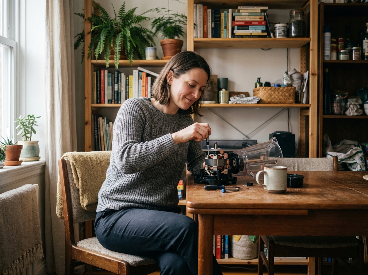 Jeune femme répare un blender dans un appartement cosy