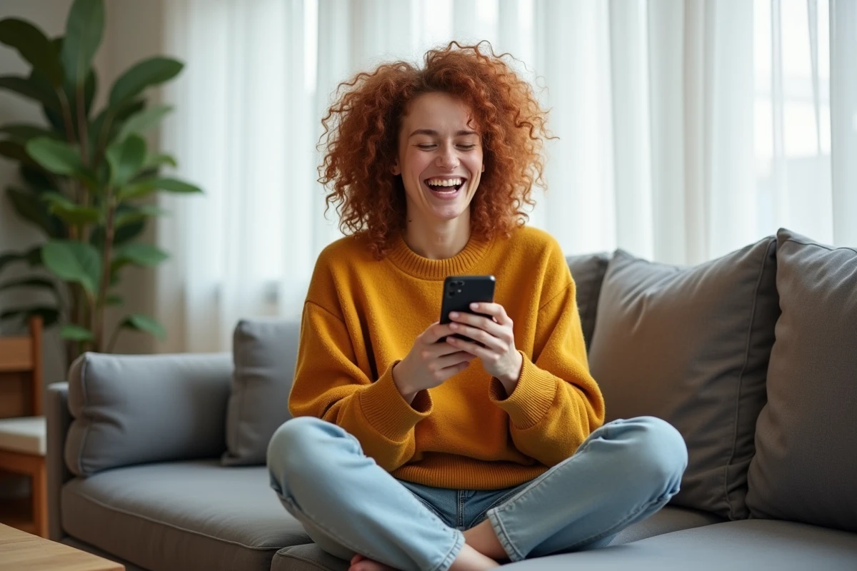 Jeune femme riant avec son smartphone sur un canapé en réaction au meme Do a Barrel Roll