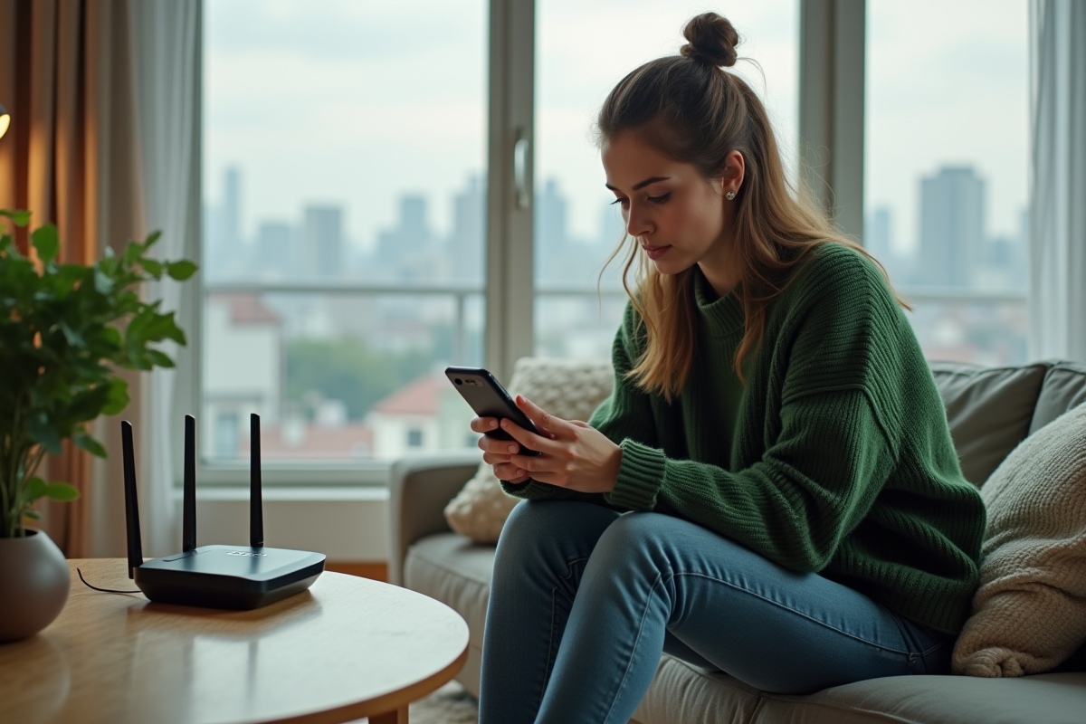 Jeune femme vérifiant un routeur WiFi dans le salon